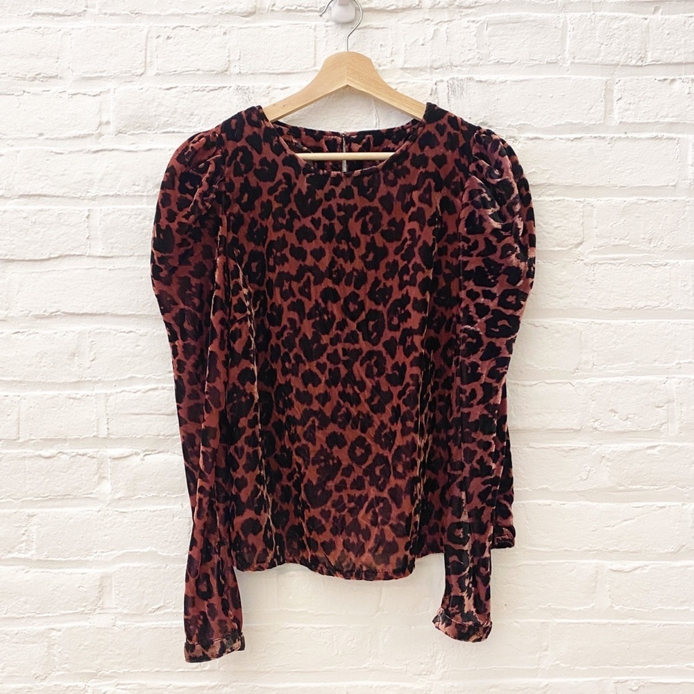 Anthropologie || Dolan Charley Velvet Leopard Blouse Puff Sleeve XS‎